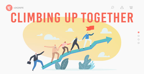 Business Team Climbing at Huge Growing Arrow Graph Landing Page Template. Leader with Flag, Business People Teamwork