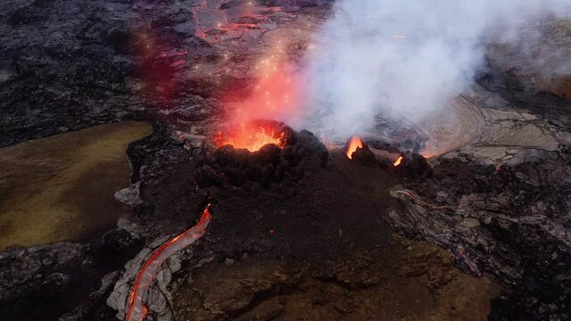 Volcano crater bursting particles, causing climate change  - 3D render animation