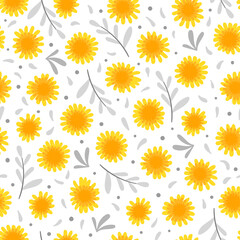 Obraz premium A cute dandelion. Yellow spring flowers. Seamless vector pattern