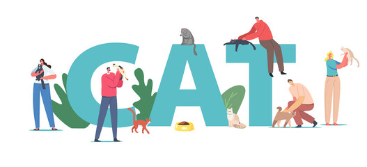 People Spending Time with Cats Pets Concept. People Male Female Characters Caring of Cat, Feed, Play. Leisure, Love