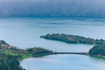 Stunning view over the crater lake of Sete Cidades at Sao Miguel island on the Azores.