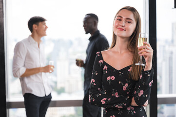 Celebrate to business success with colleagues. Business celebration party with co-worker partner in business marketing team, winner successful startup together