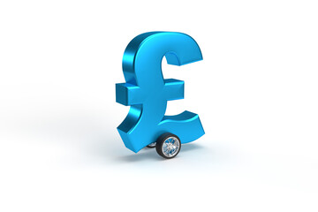 Pound currency symbol on wheels as a car on a white isolated background.