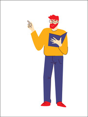 adult bearded smiling lecturer man in glasses and sweater with open book