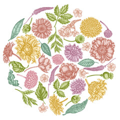 Round floral design with pastel poppy flower, gerbera, sunflower, milkweed, dahlia, veronica