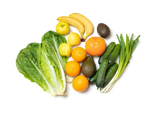 Vegetarian set of raw vegetables and fruits. Fresh romaine lettuce leaves, oranges, bananas and avocados, gruyfruit, cucumbers and green onions, isolated on white.