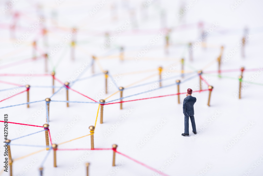Poster miniature people on complex web line connection