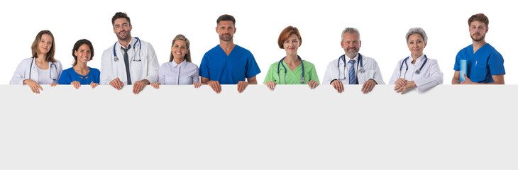 Group of doctors with blank banner