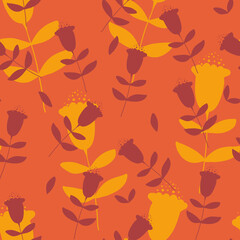 Plakat seamless floral multilayer pattern with big yellow and small red flowers and leaves on orange background stem angled to each other