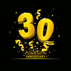 Anniversary 30.Poster template for Celebrating 30th anniversary event party. Gold numbers with glitter gold confetti, serpentine. Festive background for celebration event, wedding, greeting card 