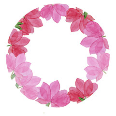 Watercolor  wreath with cute illustrations red flowers and green leaves. Floral hand-drawn round frame. Illustration for greeting cards, invitations, printing and web design, isolated on white