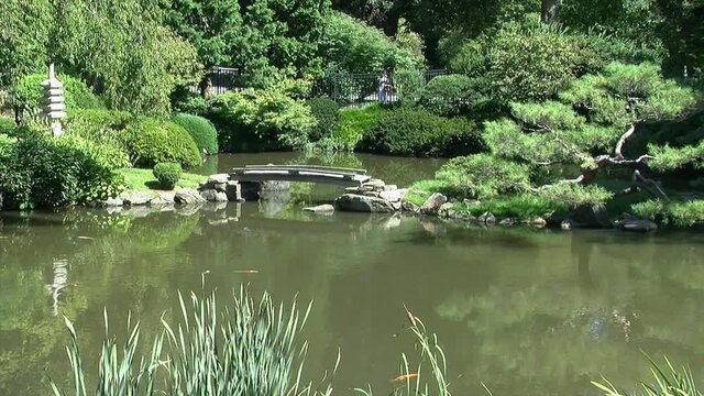 Pond with footbridge and pagoda in a Japanese garden.