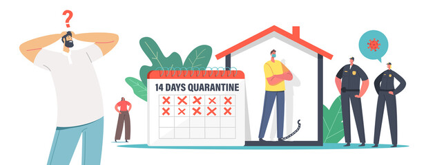 Characters on Quarantine during Covid19 Self Isolation. Tiny People Wearing Protective Medical Masks near Huge Calendar