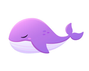 Cute purple cartoon whale. Vector illustration of a fabulous whale. Animals of the ocean, mammals. Isolated on white background 