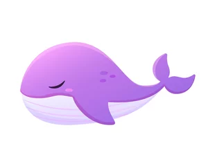 Abwaschbare Fototapete Wal Niedlicher lila Cartoonwal. Vektorillustration eines fabelhaften Wals. Tiere des Ozeans, Säugetiere. Isoliert auf weißem Hintergrund