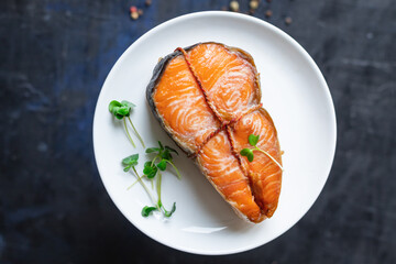 salmon smoked steak seafood fish snack trend meal copy space food background rustic. top view vegetarian pescetarian diet