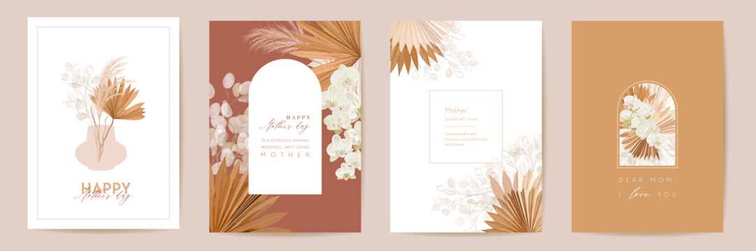 Mother day watercolor card set. Greeting mom minimal postcard design. Vector tropical flowers, palm leaves