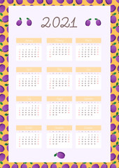 Wall calendar 2021. Monthly calendar on background of cute plum pattern. Vector 10 EPS.