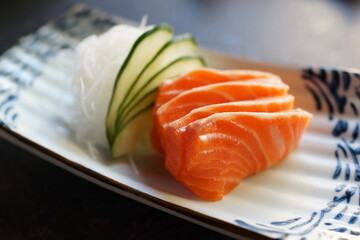 Salmon sashimi, Japanese cuisine.                