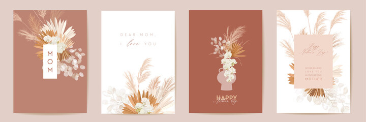 Happy Mothers day watercolor card set. Greeting mom minimal postcard design. Vector tropical flowers