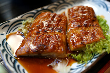 Grilled eel with sweet sauce. Japanese food.