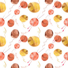 Watercolor illustration. Seamless pattern on a white background from skeins of yarn for knitting. Knitting balls with knitting needles in brown and yellow shades.