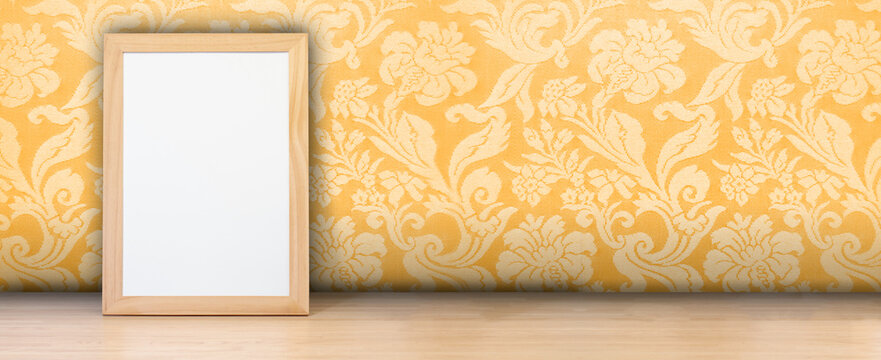 Empty Wooden Frame With Yellow Floral Fabric Background, Banner With Copy Space