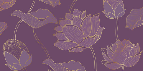 Golden lotus purple background vector. Tropical flower design, Lotus leaves line arts for wallpape, packaging, covers, vector illustration.