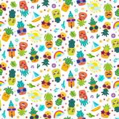 Happy pineapple summer seamless pattern vector background