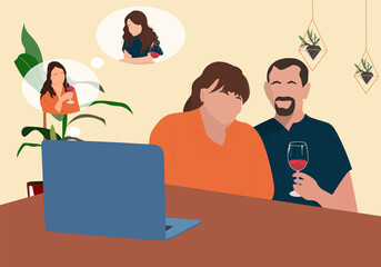 Parents communicate with their children via video communication. Online celebration of the day of family, father, mother. Vector illustration