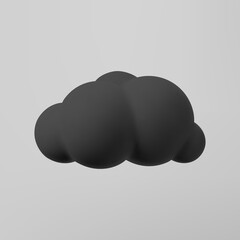 3d black cloud isolated on a grey background. Render soft cartoon fluffy black cloud icon, dark dust or smoke. 3d geometric shape vector illustration