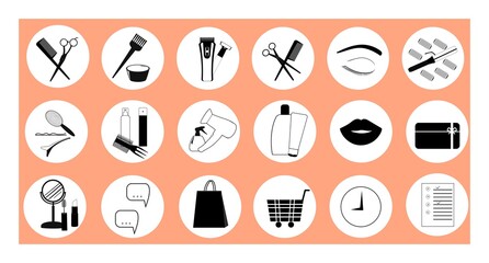 A set of hair care icons. A collection of images for beauty. for page design, cosmetics, for hairdressers, stylists, spa salons, beauty salons.
