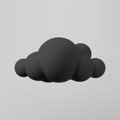 3d black cloud isolated on a grey background. Render soft cartoon fluffy black cloud icon, dark dust or smoke. 3d geometric shape vector illustration