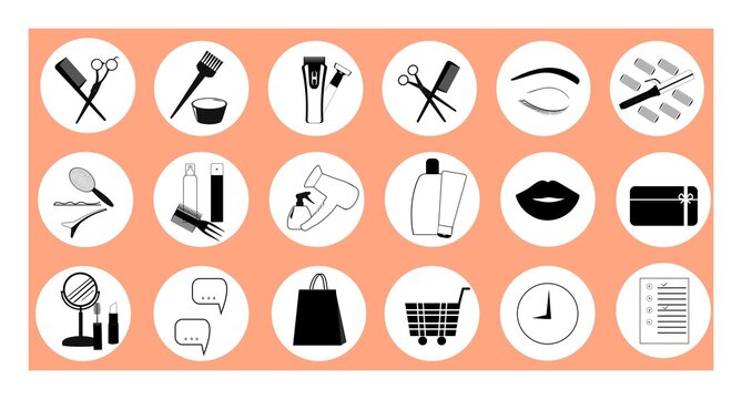 A set of hair care icons. A collection of images for beauty. for page design, cosmetics, for hairdressers, stylists, spa salons, beauty salons.