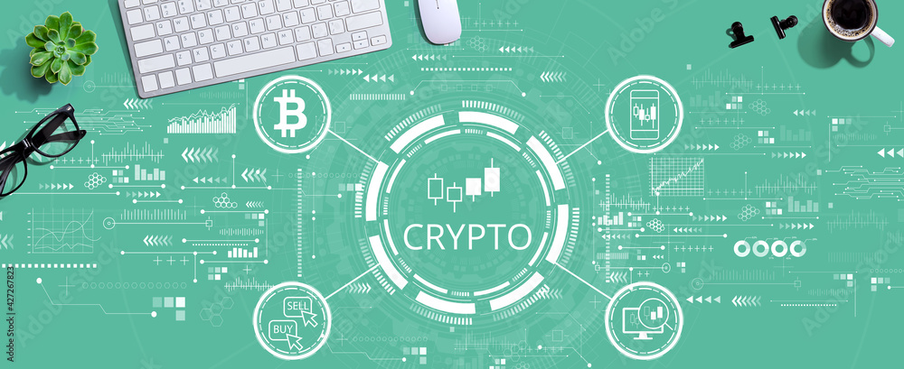 Poster crypto trading theme with a computer keyboard
