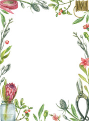 Fototapeta na wymiar Watercolor frame made of florist tools - thread, pruner, flowers, leaves, herbs.Hand-drawn, isolated on a white background