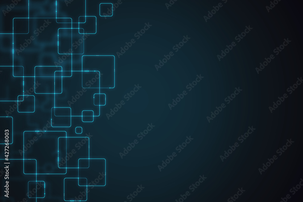 Poster Blue rectangles and squares, abstract design in an advertisement, ad and promotion concept. 3d rendering, mock up