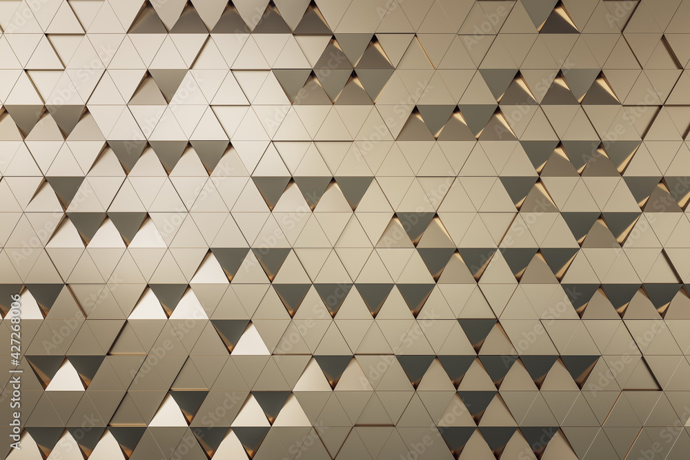 Poster Golden triangular particles background abstract design. Wallpaper concept, 3d rendering