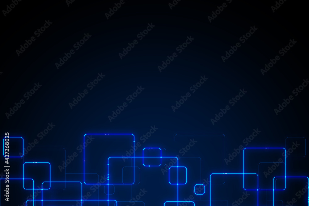 Poster Blue rectangles and squares in the bottom on a dark background with blank space, abstract design in an advertisement, internet ad and promotion concept, 3d rendering, mock up