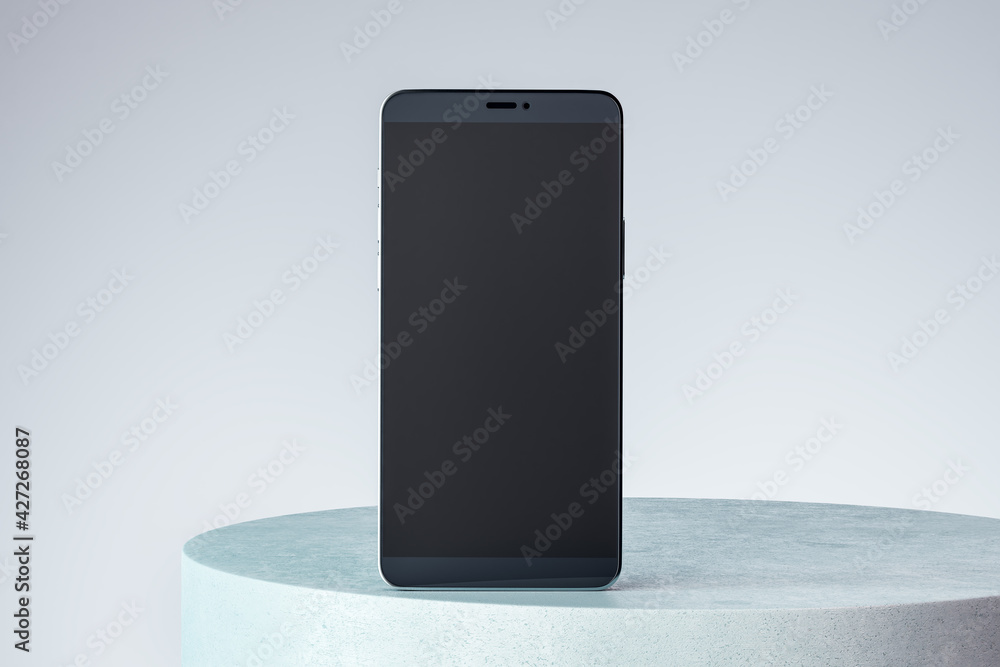 Poster Modern phone screen with copyspace on round concrete stand at light background, 3D rendering, mock up