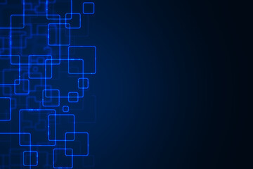 Blue rectangles and squares on a dark background with blank space, abstract design in an...