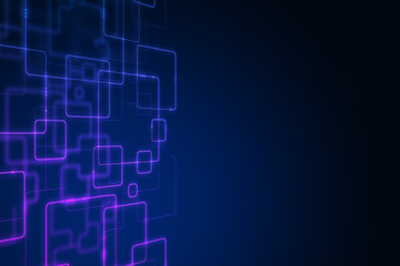 Blue rectangles and squares in the bottom on a dark background with blank space, abstract design in an advertisement, corner view. Internet ad and promotion concept, 3d rendering