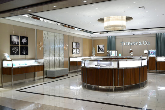 Interior view of Tiffany & Co store in Changi Airport Singapore. Tiffany & Company is an American luxury jewellery and specialty retailer, headquartered in New York City. SINGAPORE - JAN 6, 2019.