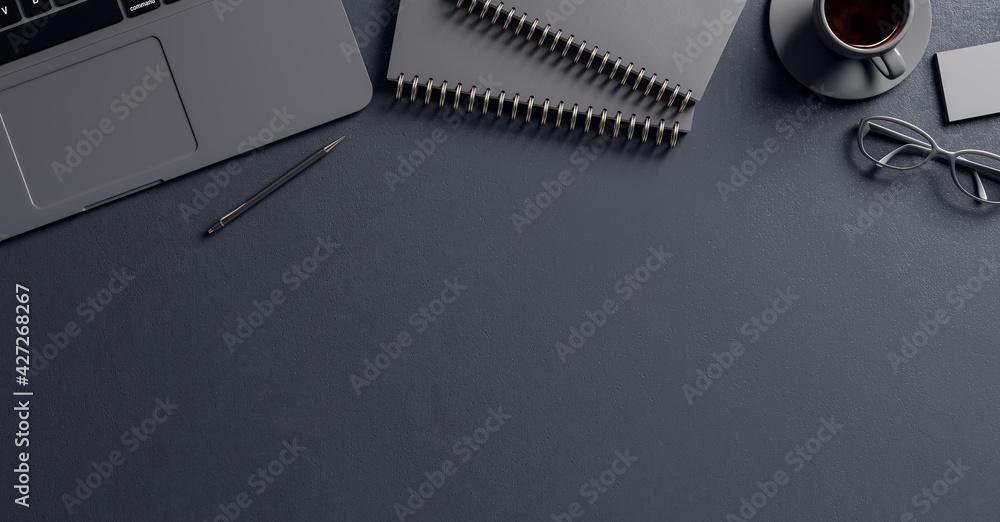 Poster black table background with black notebbok, laptop and tea cup and copyspace for your text, 3d rende