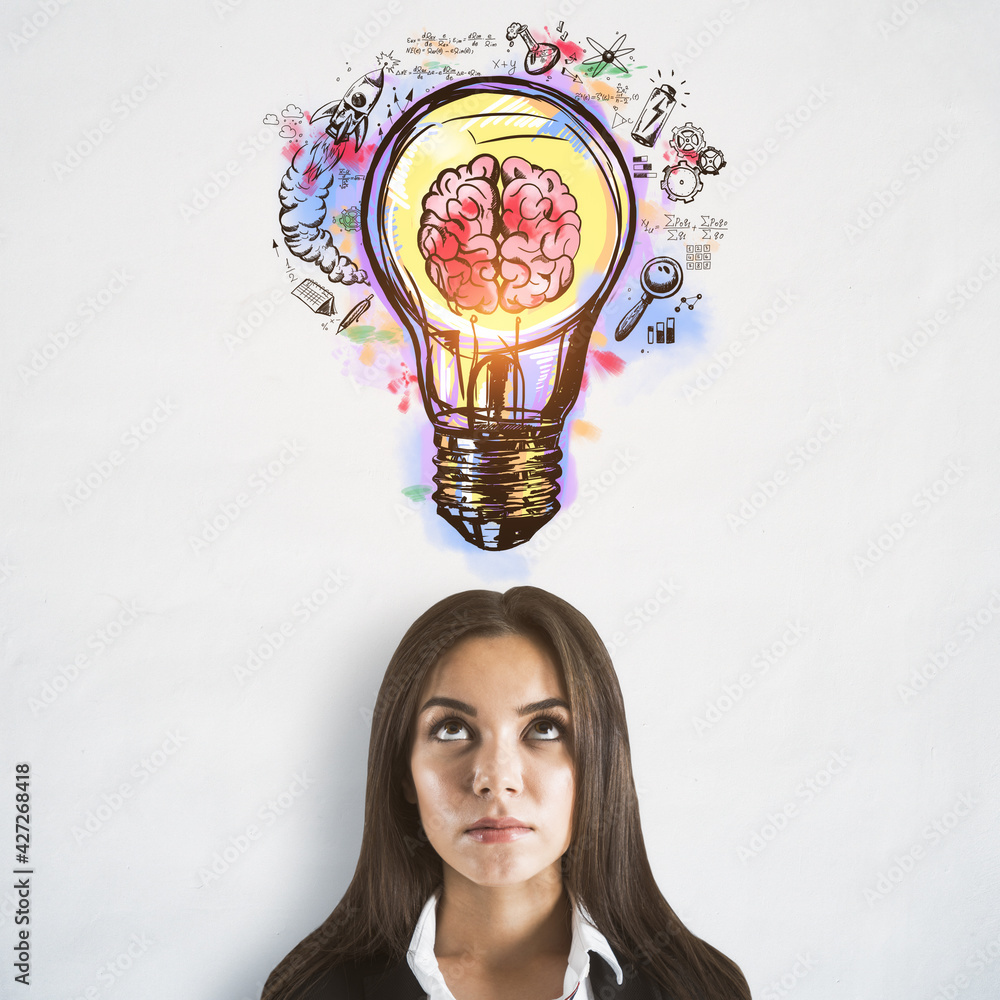 Poster idea and brainstorming concept with businesswoman and handwritten sketch of light bulb with human br