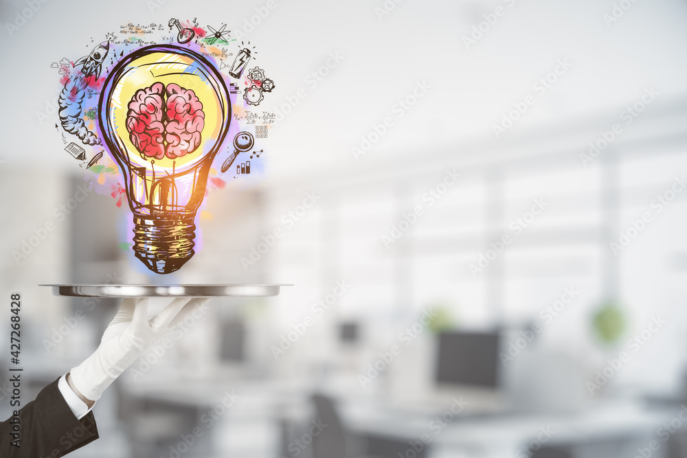 Poster hand with a plate holding the brain inside a lightbulb colorful sketch, coworking space in the backg
