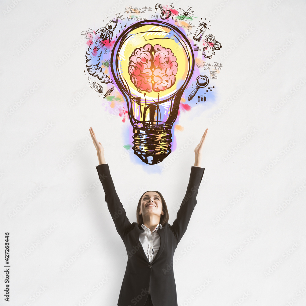 Aufkleber success and startup concept with handwritten colorful sketch of light bulb and human brain above joy