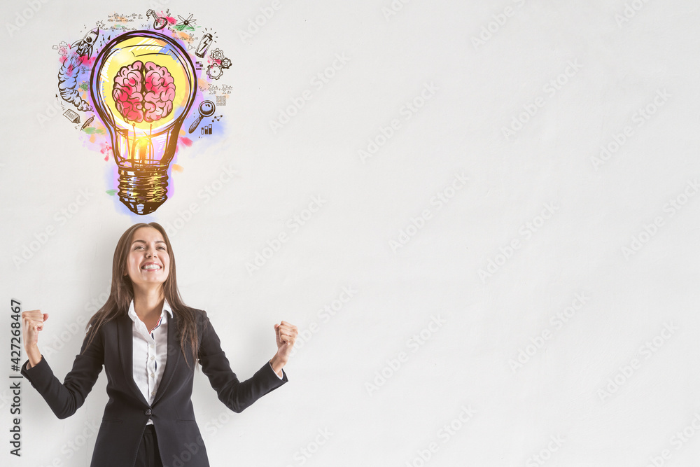Poster inspired businesswoman looking at the brain inside a lightbulb colorful sketch on a white background