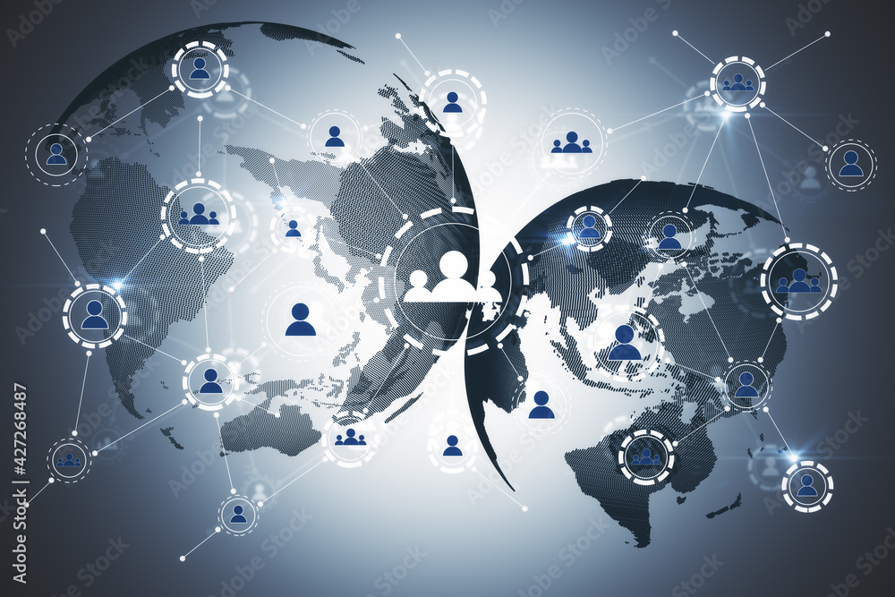 Aufkleber Globe icon with muptiple small application icons on it on a grey background. Worldwide web and social communication concept, 3d rendering