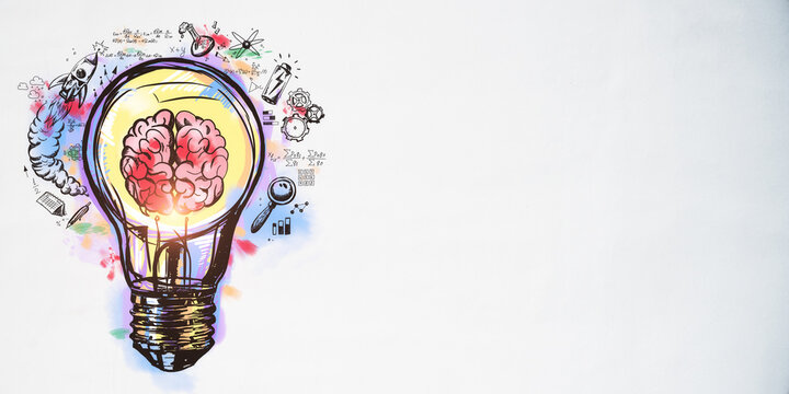 Brain inside a lightbulb colorful sketch on a white background with empty copyspace in the right, idea and innovation concept, 3d rendering, mock up